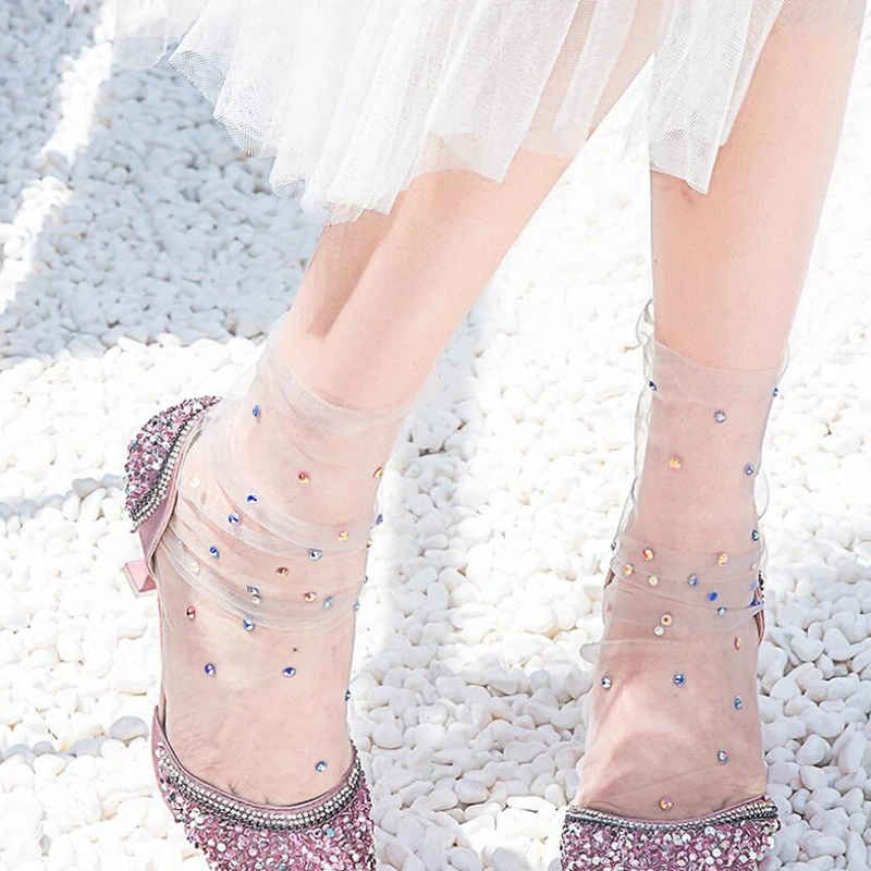 Блестящий Кристалл тюлевые носки женские прозрачные тонкие длинные носки Femme Happy носки платье уличная Calcetines Muje