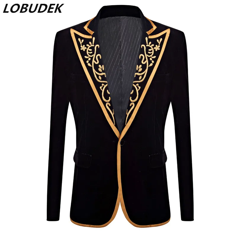 

England Style Vintage Embroidery Tuxedo Men's Wedding Groom Court Blazers Evening Party Bar Male Singer Host Velvet Sui Jacket