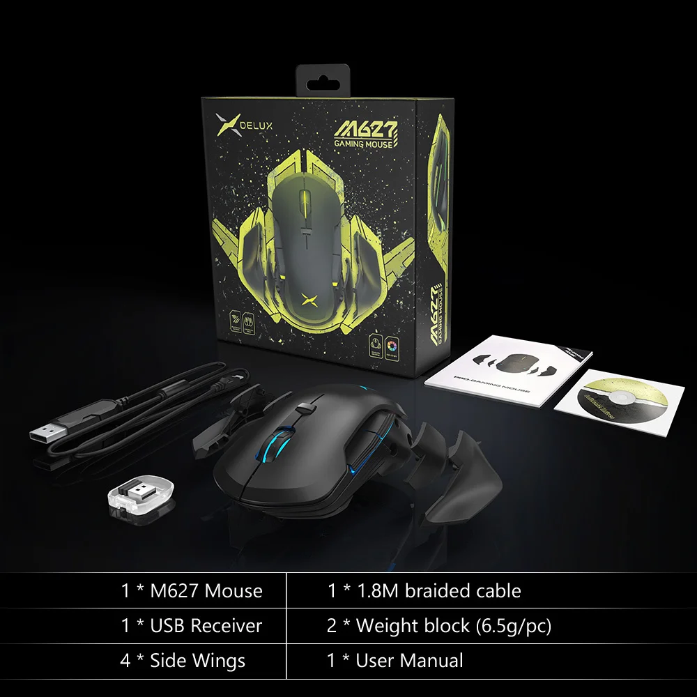 Delux M627 PMW3389 сенсор Проводная+ беспроводная RGB игровая мышь 16000 dpi 8 кнопок левая и правая рука мыши с DIY боковые крылья