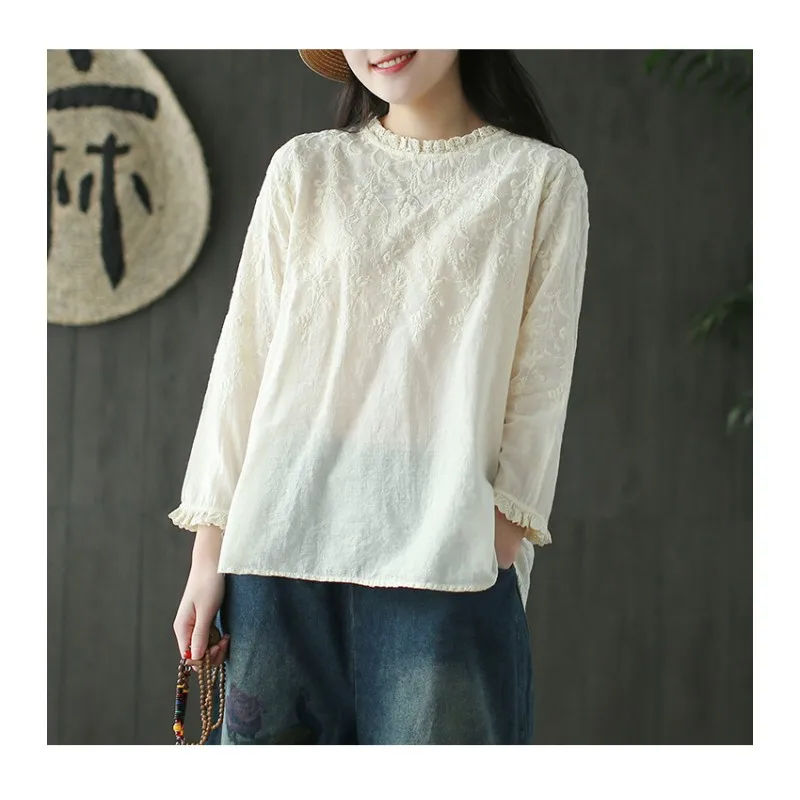 

Women Embroidery T-Shirts Solid Color Autumn Clothing O-Neck Nine Sleeve Loose Casual Mori Girl T-Shirts