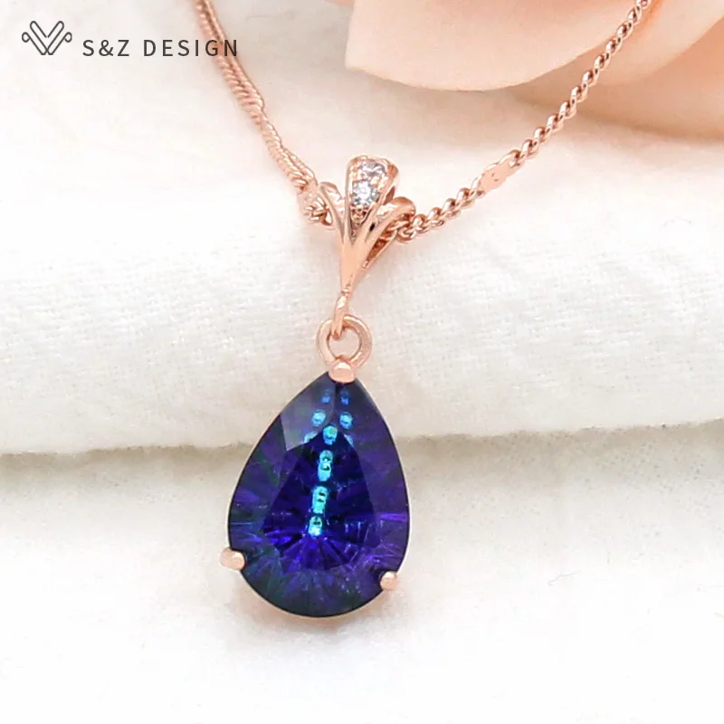 S&Z DESIGN New Fashion Luxury  Water Drop Crystal Pendant Necklace For Women Girl Wedding Party Jewelry