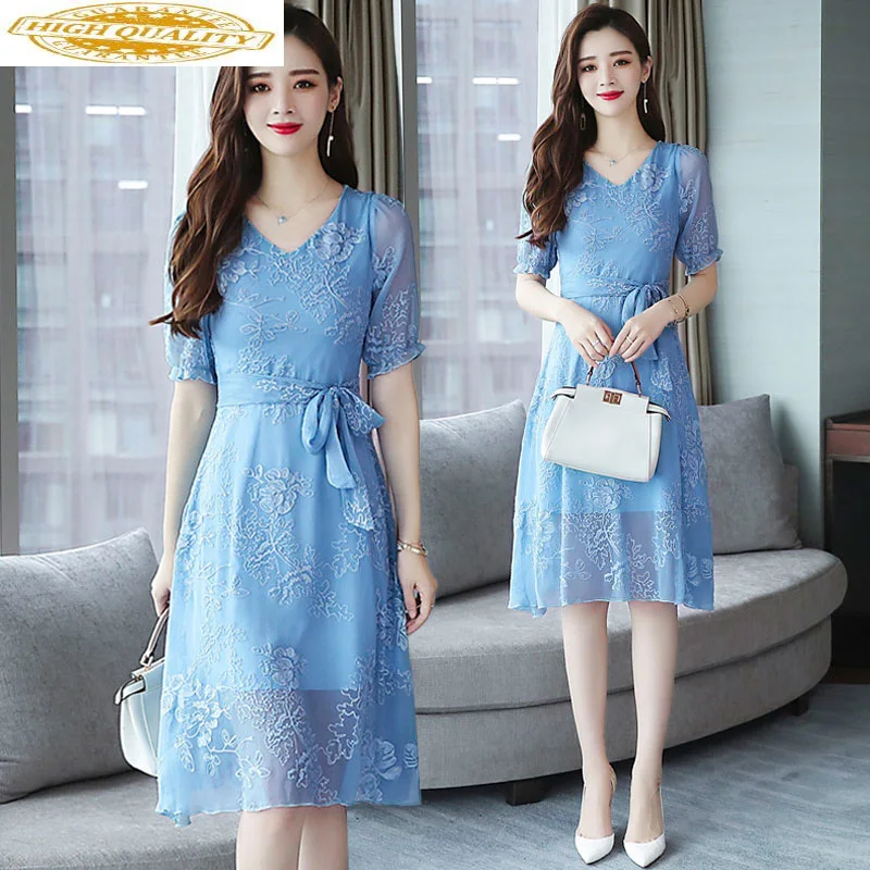 

Women Summer Dress 2020 Beach Blue Elegant Dress Boho Embroidery Korean Mesh Dress V Neck Dress