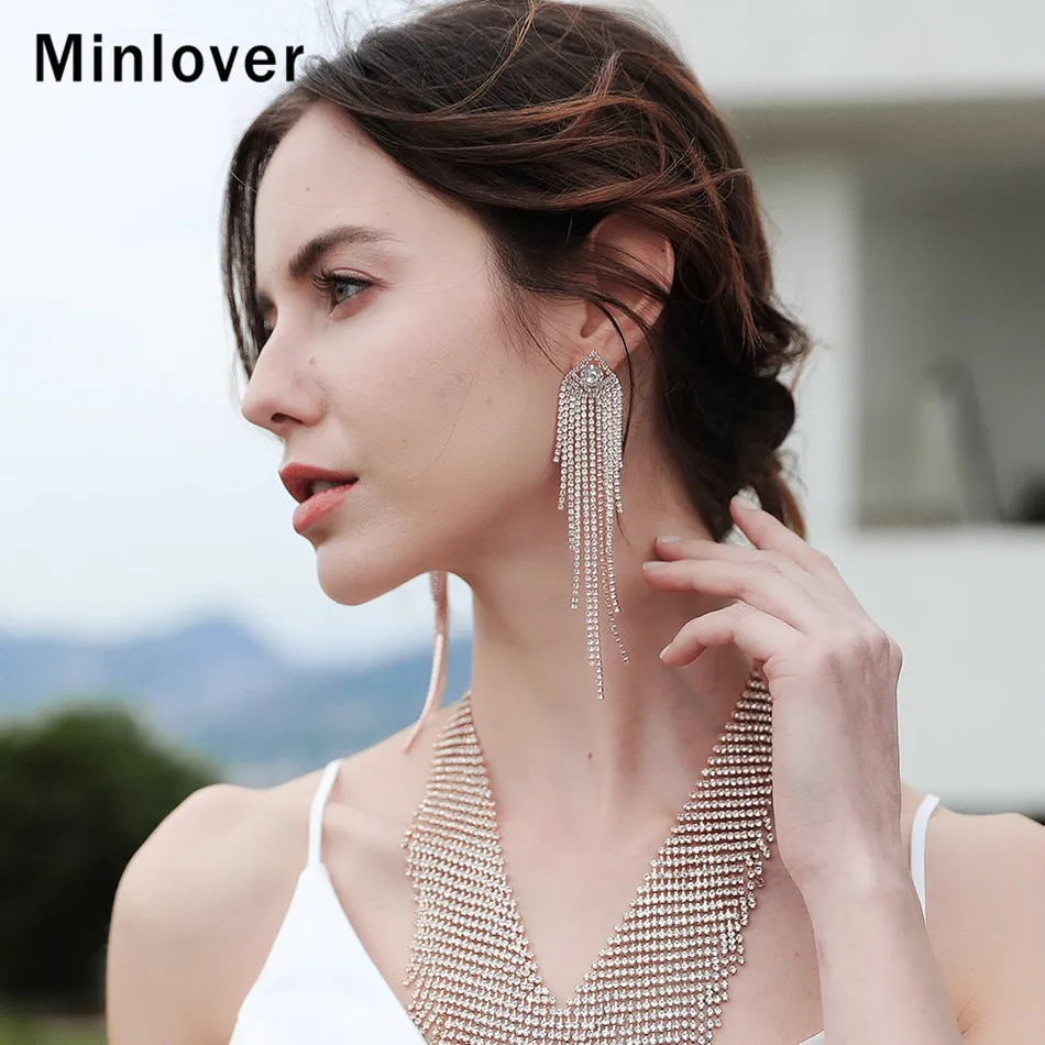 Minlover Роскошные преувеличенные блестящие стразы кисточкой Висячие серьги для женщин Серебряный цвет кристалл свадебные серьги, ювелирные изделия EH1642