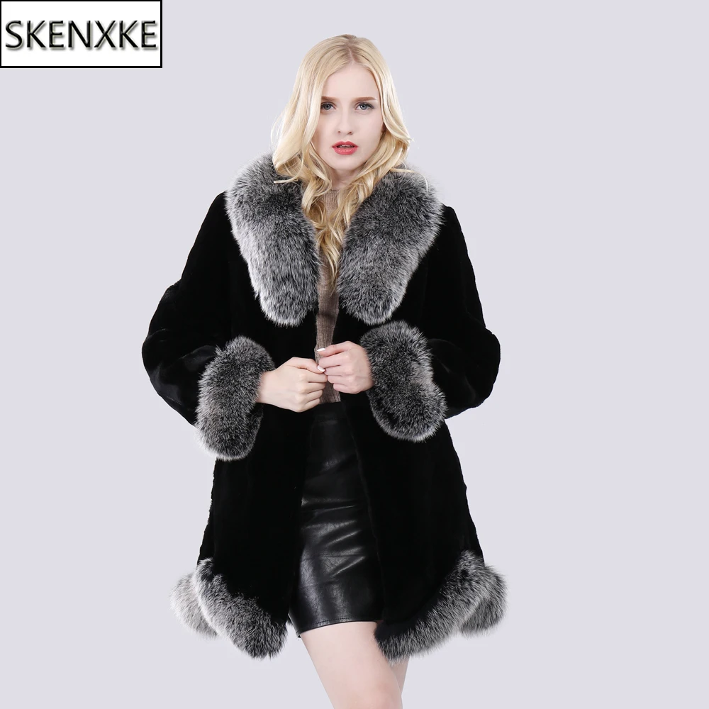 

2019 New Women Long Style 100% Genuine Rex Rabbit Fur Coat With Fox Fur Collar Natural Warm Lady Soft Real Rex Rabbit Fur Jacket