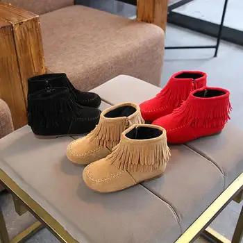 

Girls Ankle Boots Princess Red Brown Black Flock Fabric Warm Rubber Martin Boots For Toddler Kids Cotton-padded Tassels Snow