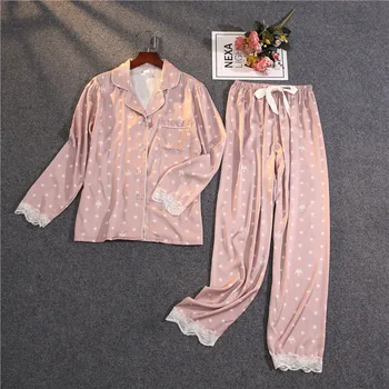 

Pink Women Star Print 2PCS Pajamas Suit Autumn New Casual Turn-down Collar Shirt&Pant Home Clothes Sweet Lace Trim Sleepwear