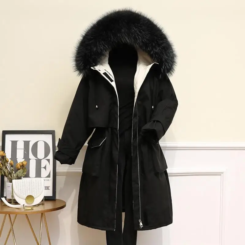 FTLZZ, большой натуральный мех, зимняя женская куртка, 90% белый утиный пух, длинная куртка с капюшоном, верхняя одежда, теплая Толстая парка - Color: Long  Black