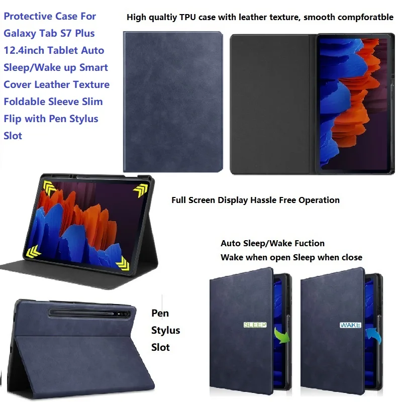 

Protective Case For Galaxy Tab S7 Plus 12.4inch Tablet Auto Sleep/Wake up Smart Cover Leather Sleeve Flip with Pen Stylus Slot