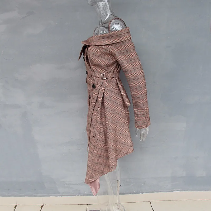 TWOTWINSTYLE, Женский блейзер в клетку, с длинным рукавом, на шнуровке, ассиметричное, элегантное пальто для женщин, новинка