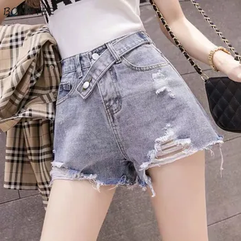 

Shorts Women Denim Slim Hole Irregular Fur-line Retro Koeran Chic Casual Girl Elegant New Design Hot Sale Short Womens All-match