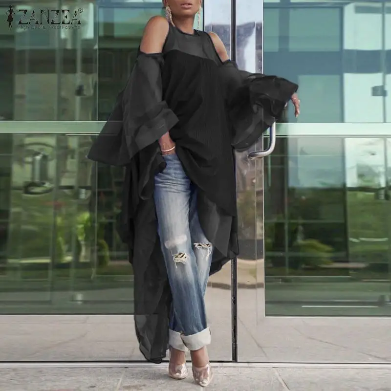 

ZANZEA 2020 Summer Women Tops and Blouses Sexy Ladies Mesh Patchwork Long Shirts Ruffles Sleeve Asymmetrical Hem Tunic Blusas