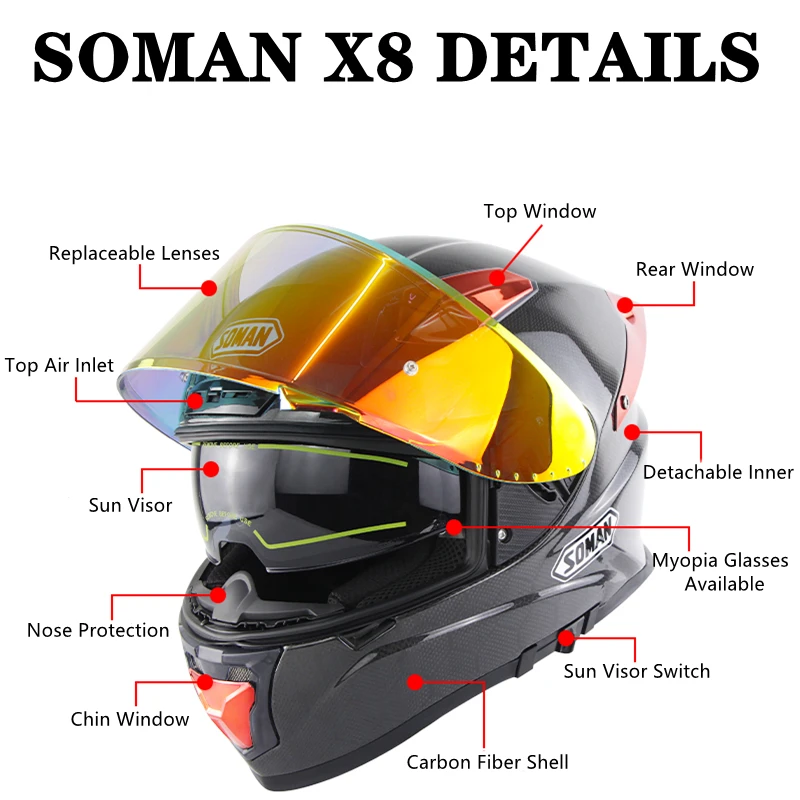 Soman Full Face Motorcycle Helmet Lens Black Carbon Racing Casque Moto Ece Men Women Road Street Casco Moto - Helmets - AliExpress