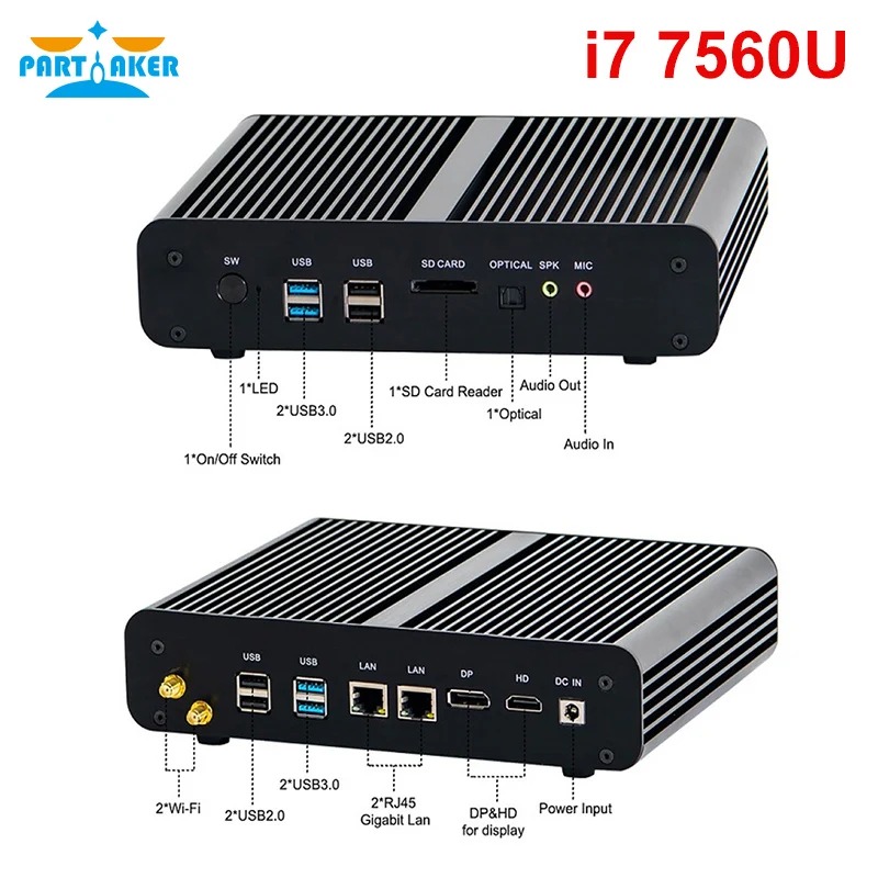  Partaker Fanless Mini Computer i7 8550U/7560U i5 8250U/7260U 2*DDR4 Msata+M.2 SSD Micro PC Win10 Pr