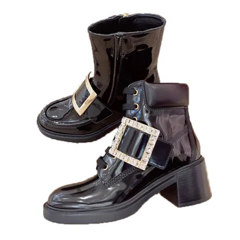 

2021 Winter Crystal Square Buckle Belt Punk Knight Boots Classic Genuine Cowhide Short Boots Zipper Botines Lace-up Wommen Boots