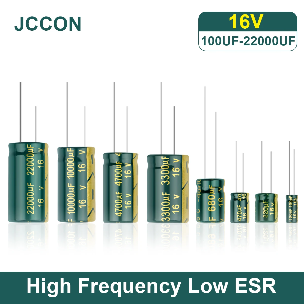 JCCON Aluminum Electrolytic Capacitor High Frequency Low ESR 16V 100UF 220UF 470UF 680UF 1000UF 1500UF 2200UF 3300UF 10000UF