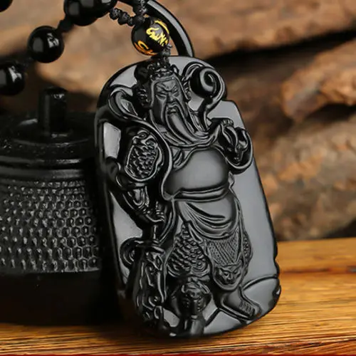 100% Natural Obsidian Hand-carved Guan gong Lucky Amulet Pendant Free Necklace 