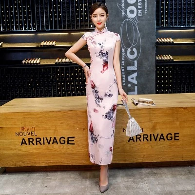 SHENG COCO женское длинное платье с розами Qipao розовое платье Чонсам для банкета китайское свадебное платье Восточный стиль воротник 3XL 4XL - Цвет: pink long qipao