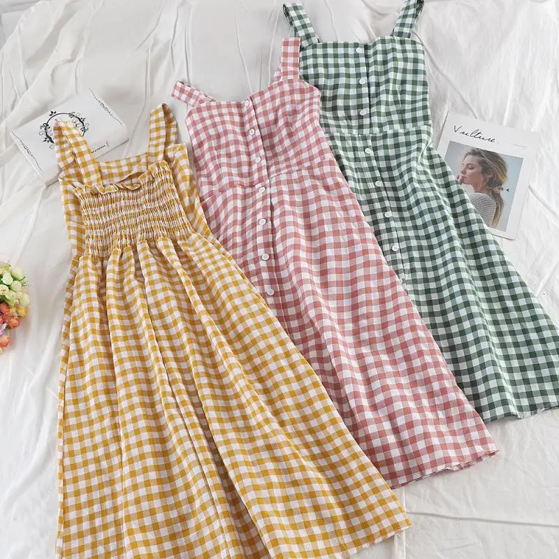 

Summer New Style Korean-style Sweet Versatile Single Breasted Hipster Plaid Camisole High-waisted Slimming Dress Women's B012