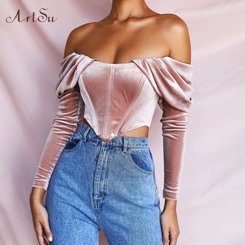 Арцу осень Slash шеи с длинным рукавом блузки кроп Топы женские розовые Ruched Puff рукавом с открытыми плечами Топы Обрезанные Бюстье ASBL60570
