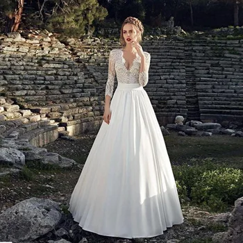 

Weilinsha Charming Long Sleeves Top Lace Wedding Dress V Neck Illusion A Line Vestido De Noiva Satin Bridal Dresses