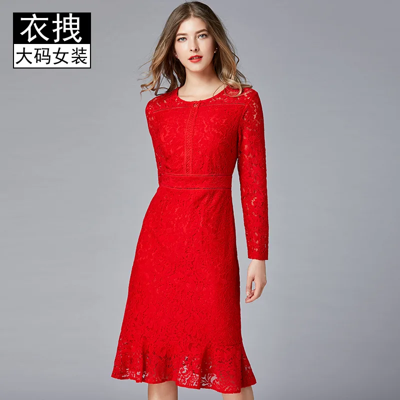 

Origional Design Red Lace Dress Europe And America Large Size New Style Hollow out Fishtail Medium-length Dress Plus-sized