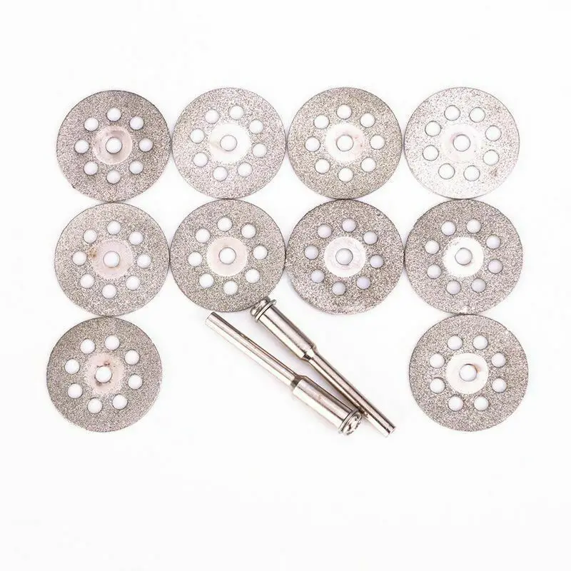 New Hot Sale 10Pcs 22mm Mini Sharp Diamond Cut Off Rotary Tool Cutting Disc Disks DIY Tools Accessories for Dremel with 2Pcs Rod