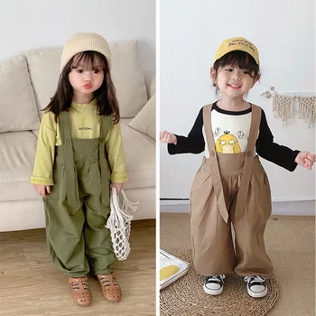 

5118 Children Wide Leg Suspenders Pant Korean New Baby Boy Suspender Overalls Pants Girl Solid Bib Trousers Pants Clothes