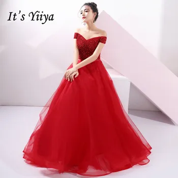 

It's Yiiya Red Evening Dress Off The Shoulder Solid Short Sleeve Robe De Soiree K202 Sequined Lace Up Evening Dress 2020