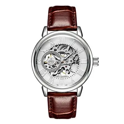 Leather Silver White Classic Men Automatic Mechanical Watches Fashion Top Brand Luxury Manual Winding Leather Watch Skeleton Sport male Wristwatch - Цвет: Leather Silver White