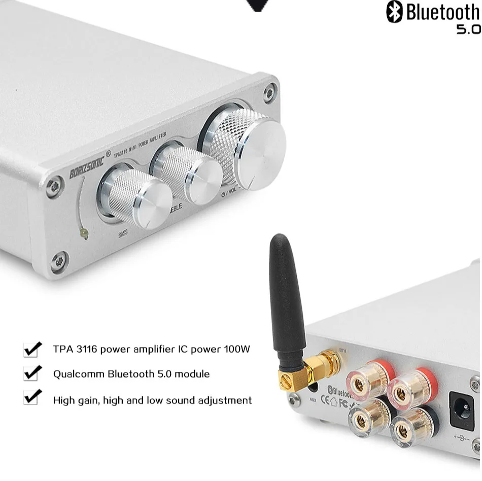 BORIZSONIC мини TPA3116 Bluetooth 5,0 HiFi усилитель мощности стерео домашний аудио цифровой усилитель с высокими басами