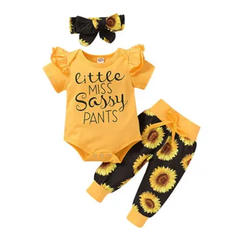 

0-24M Newborn Baby Girl Clothes Letter Print Short Sleeve Romper Tops Floral Long Pants Headband 3Pcs Outfits Set