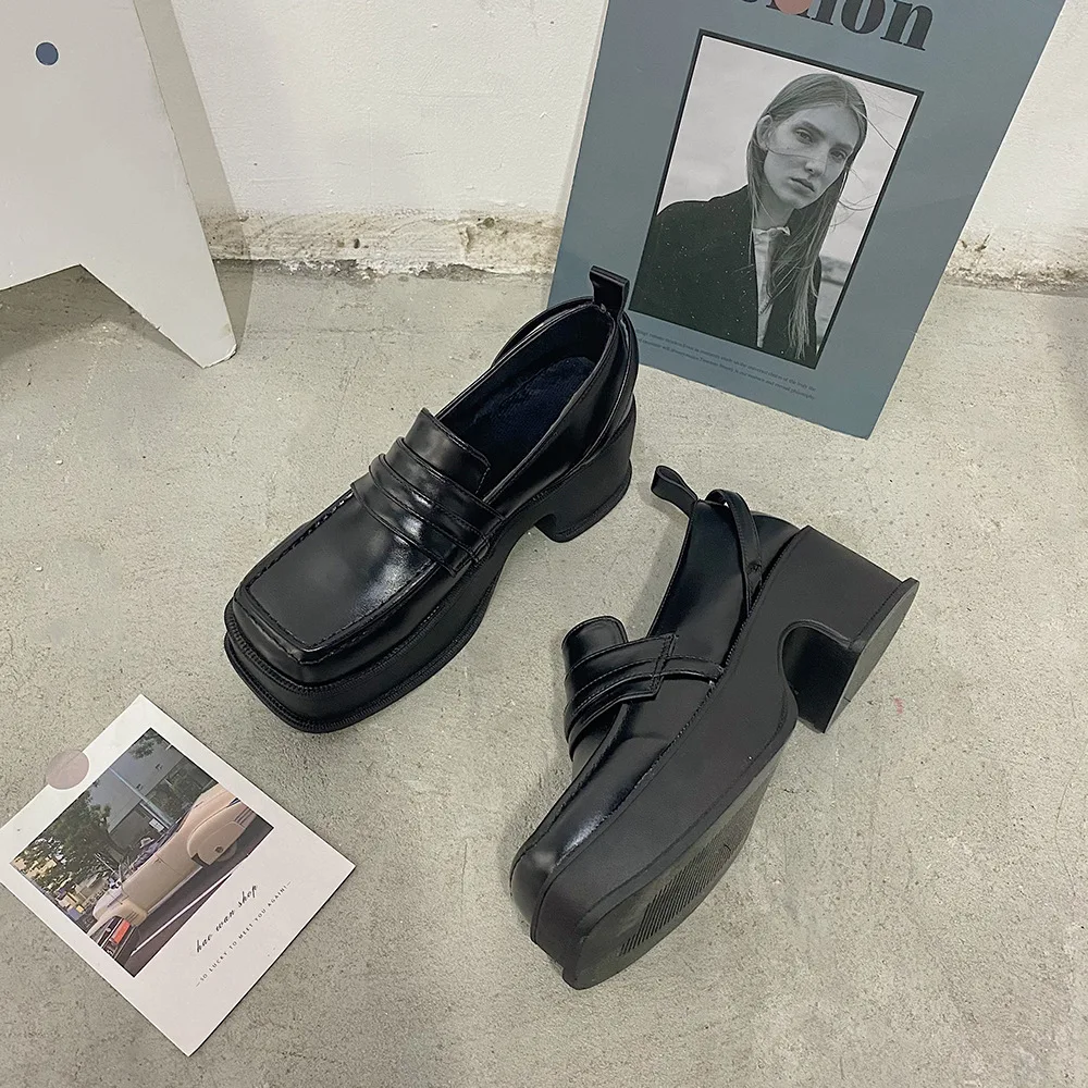 Mocasines de plataforma con punta cuadrada para mujer, zapatos cuero de estilo británico, zapatos de uniforme de boca poco profunda Retro salvaje, novedad de otoño e invierno|Zapatos de tacón de mujer| -