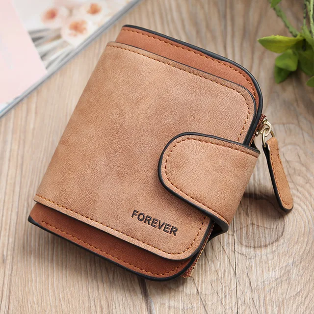 Fashion Women's Short Wallets PU Leather Matte High-Capacity Casual Coin Purse Zipper Money Bag Hasp Clutch Card Holder Clip Brown