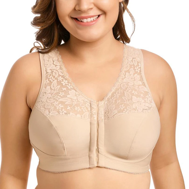 

Women's Front Closure Minimizer Bra Full Coverage Non-padded Underwear Full Figure Racer Back Lace Embroidery Bra Lingerie 38 E