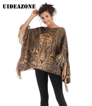

Tiger Head Tassels Cloak Shawl Pullover One Word Neck Knitting Loose Winter Coat Sweater Women Manteau Femme Hiver Streetwear