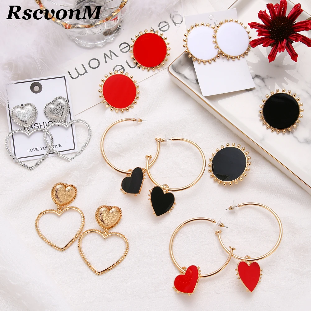 Новые модные минималистичные черные и красные круглые серьги-гвоздики для женщин, винтажные круглые массивные серьги с большим сердцем, ювелирные изделия, вечерние ювелирные изделия
