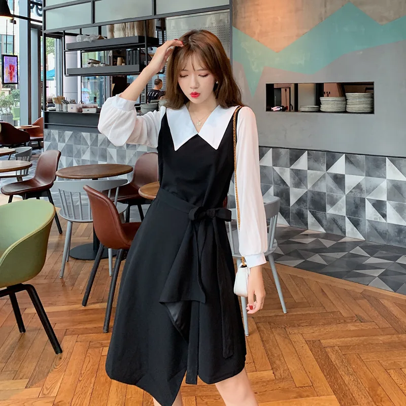 

Photo Shoot 2019 Autumn And Winter New Style Peter Pan Collar Solid Color Black And White Mixed Colors Waist Hugging Slimming Dr