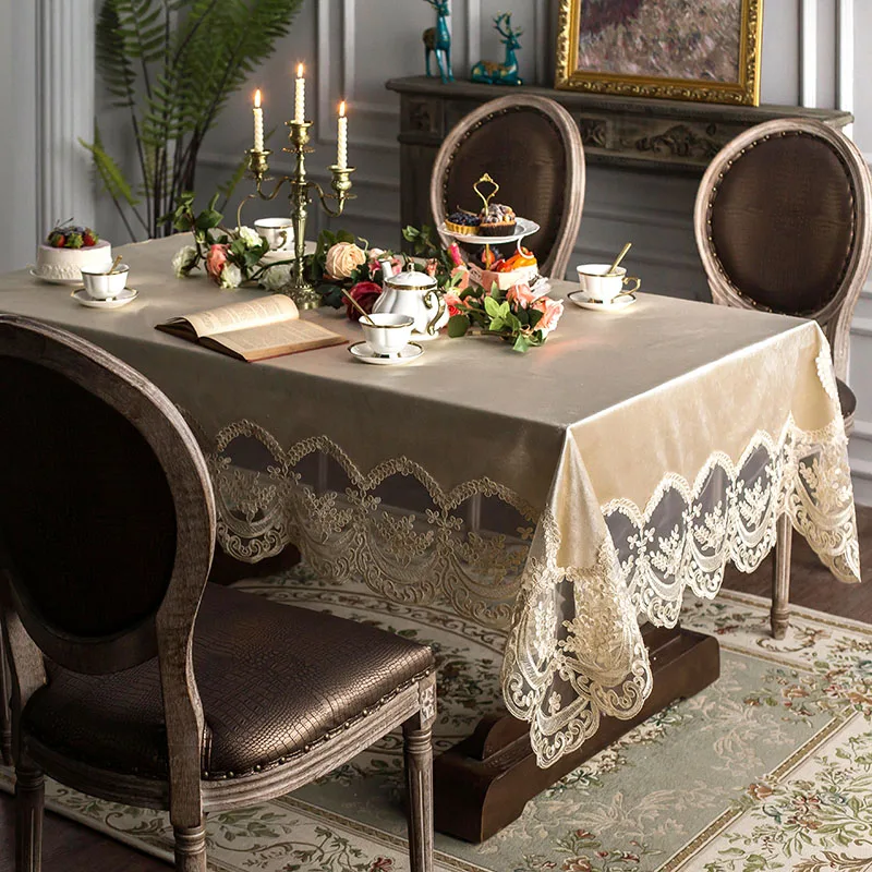  High grade European lace table tablecloth fabric rectangular dining table cover champagne coffee No