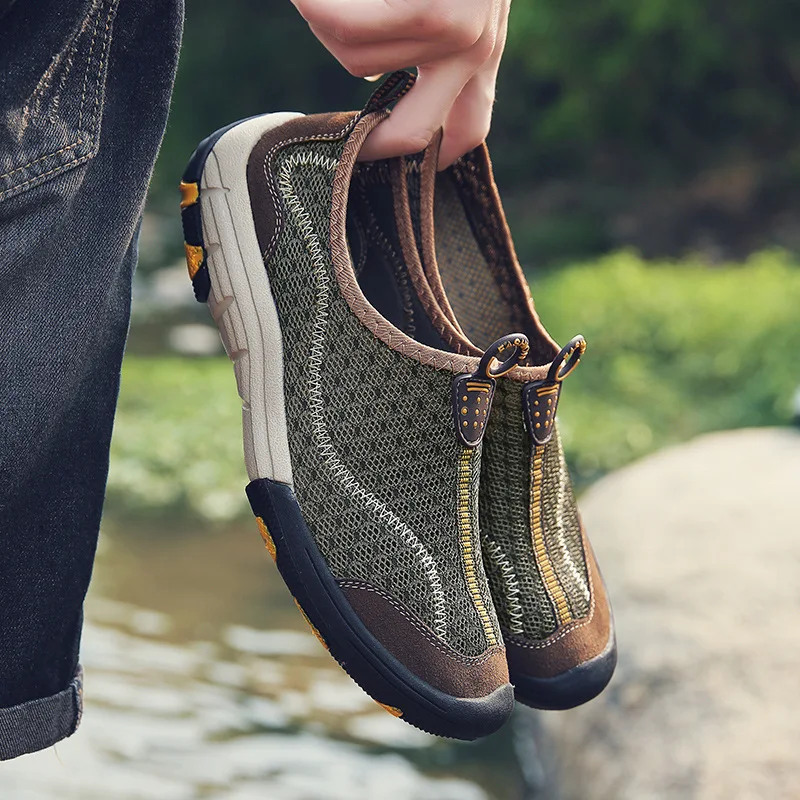 

2019 Outdoor Upstream Summer Casual Shoes Breathable New Style Shoes Plain Mesh Shoes Not round-Toe Foot Covering Men's Shoes Su