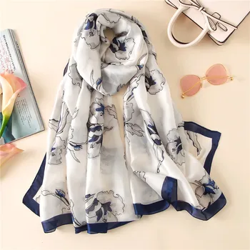 

New Fashion Silk Feeling Scarf Women Beautiful Flower Print Large Size Pashmina Scarves Shawls Scarf