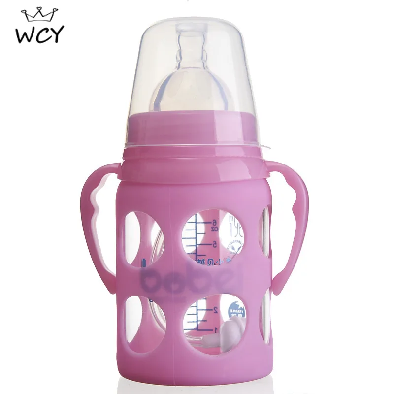 Garrafa de Vidro do Bebê Garrafa de Alimentação com Punho Biberones para Bebe Azul Rosa Boca Larga Círculo Prego Cilp Copo Infantil 2020 180ml