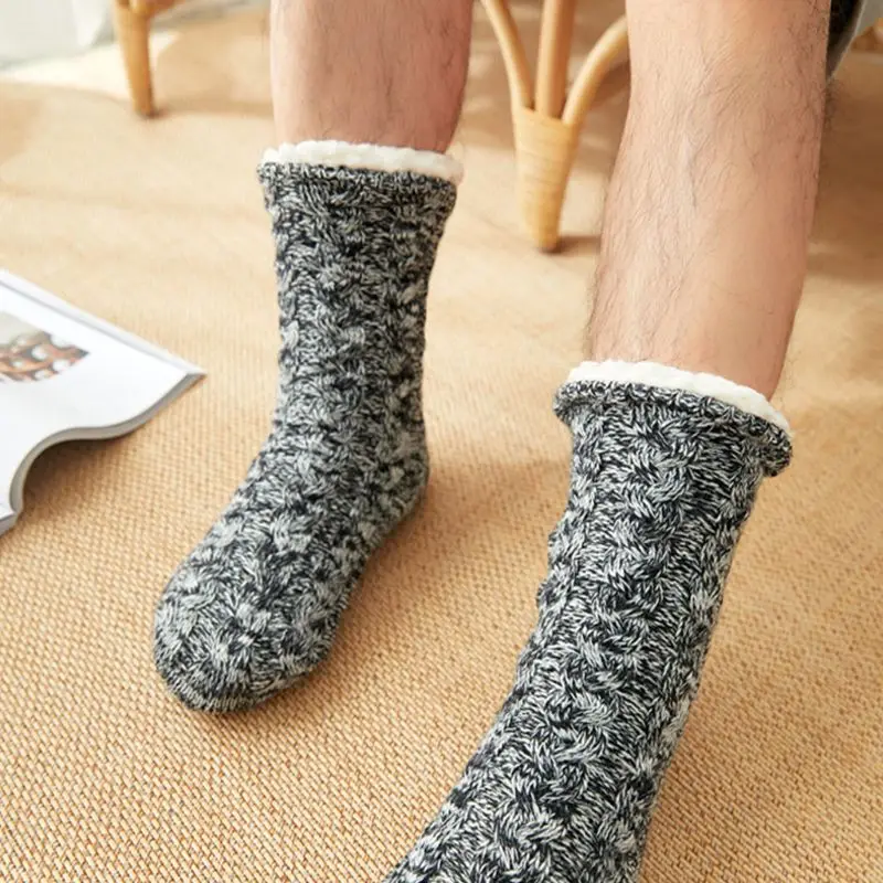 Men Super Soft Warm Fuzzy Slipper Socks Twist Cable Knitted Solid Color Thicken Plush Lining Hosiery with Non-Slip Grips Men Super Soft Warm Fuzzy Slipper Socks Twist Cable Knitted Solid Color Thicken Plush Lining Hosiery with Non-Slip Grips