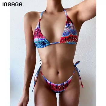 

INGAGA Sexy Bikinis Strap Halter Swimsuit Women String Bow Swimwear Women Push Up Biquini Bathing Suits 2020 Printing Bikini Set