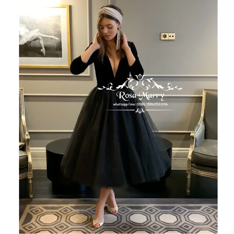 

Gothic Black Tea Length Cheap Prom Dresses 2020 A Line V Neck Long Sleeves Simple Tulle 2K20 Formal Evening Vestido De Fiesta
