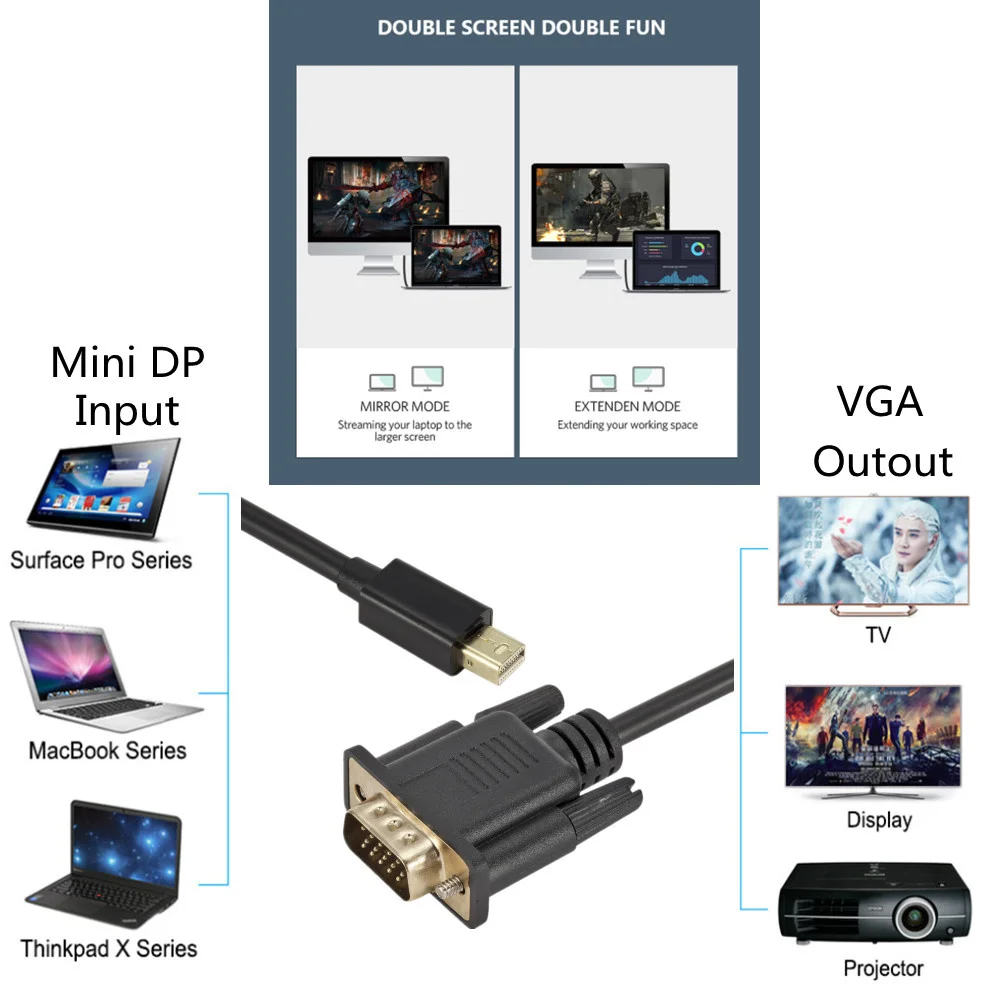 DisplayPort to VGA Cable Adapter 1.8M 1080P For HDTV Monitor MacBook Air Pro
