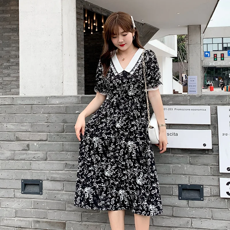 

Black 4xl Printed Loose Lace Mid-Length Dress Woman Summer Short Sleeves Floral Plus Size Fashion Offlce Casual Dress