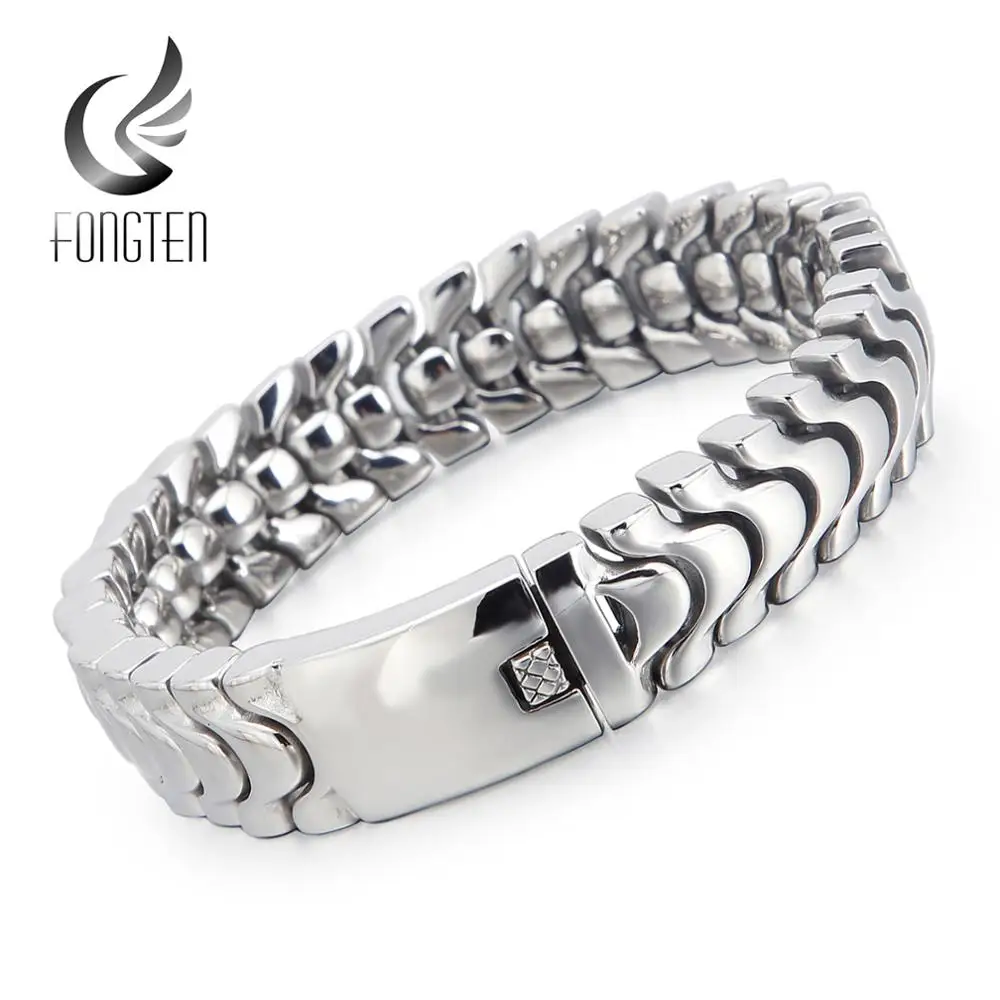Fongten Silver Color Shiny Men Bracelet Stainless Steel Bone Chain Bangle Bracelets For Men Charm Jewelry Christmas Gifts