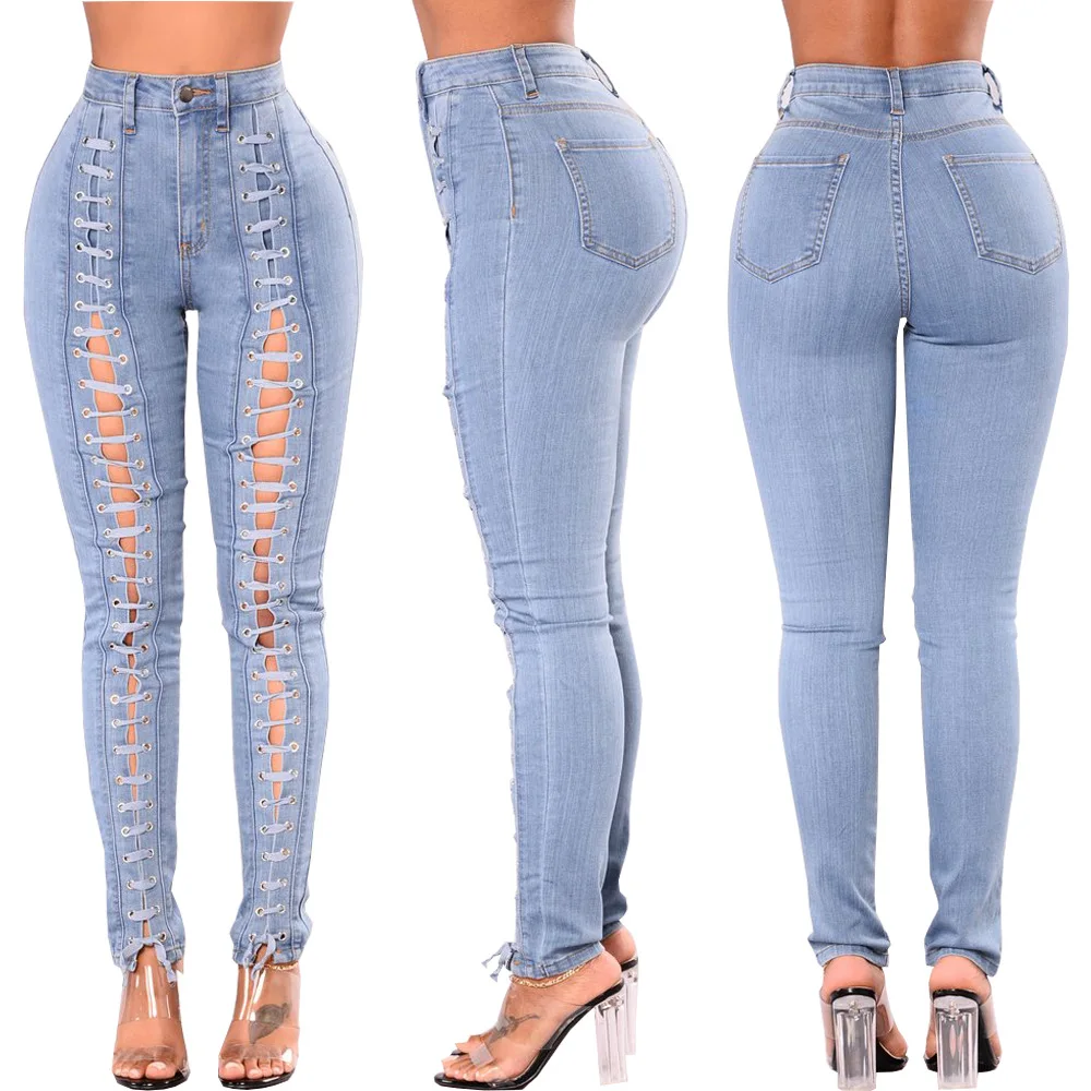 

Women Plus Size High Elastic Waisted Workout Bandage Jeans Skinny Casual Female Jeans F861