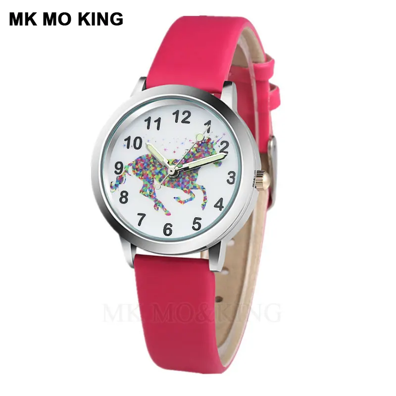 Creative Children's Watch Cartoon Pony Bling Bling Girl Leather Quartz Clock Sky Blue Boy Child Casual Watch Montres Kol Saati afbeelding