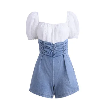 

New Off-Shoulder Puff Sleeve Square Collar Pleated Wide Leg Pants Shorts Casual Pants All-match Women Jumpsuit H05118